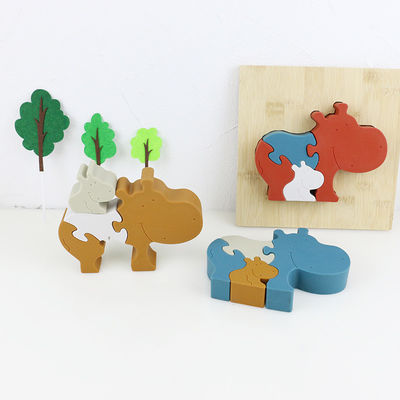 Silicone et jouets animaux debout en bois d'enfant de puzzle d'hippopotame de puzzle denteux pour le jeu d'enfant