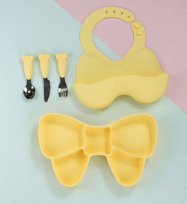 Bow Knot Baby Feeding Suction Plate Cute Bib And Cartoon Spoon Fork Dish Sets