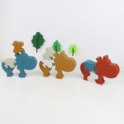 Silicone et jouets animaux debout en bois d'enfant de puzzle d'hippopotame de puzzle denteux pour le jeu d'enfant
