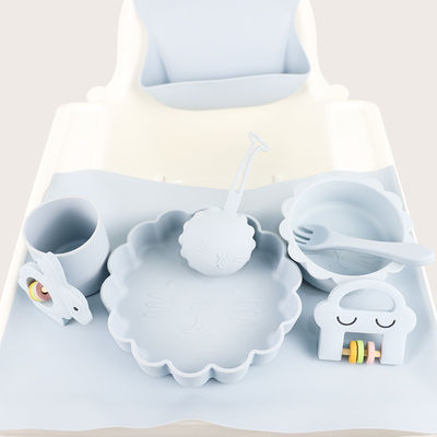 Le bébé en gros Geschirr a mené le produit de alimentation d'ensemble de vaisselle de bébé de silicone de plat de cuvette de cuillère de cuvette de cuillère de bavoir de silicone de sevrage
