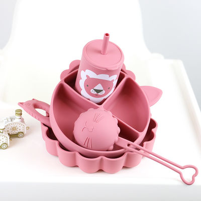 Le bébé en gros Geschirr a mené le produit de alimentation d'ensemble de vaisselle de bébé de silicone de plat de cuvette de cuillère de cuvette de cuillère de bavoir de silicone de sevrage