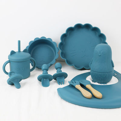 Le bébé en gros Geschirr a mené le produit de alimentation d'ensemble de vaisselle de bébé de silicone de plat de cuvette de cuillère de cuvette de cuillère de bavoir de silicone de sevrage