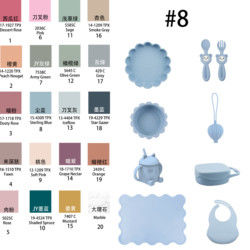 Un ensemble de vaisselle en silicone de style moderne, sans BPA, pour bébé, en silicone, en assiette, tasse, coupe, cuillère, fourchette.