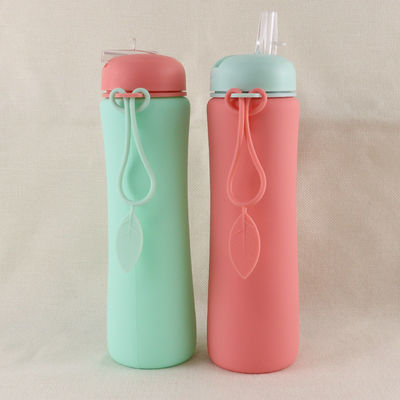 Bouteille d'eau réutilisable de silicone de vert de rose pour l'OEM de voyage de sports en plein air