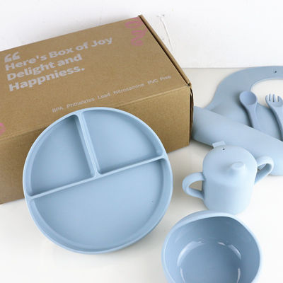 Le bébé en gros Geschirr a mené le produit de alimentation d'ensemble de vaisselle de bébé de silicone de plat de cuvette de cuillère de cuvette de cuillère de bavoir de silicone de sevrage