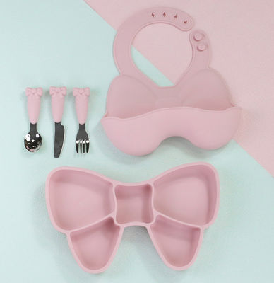Bow Knot Baby Feeding Suction Plate Cute Bib And Cartoon Spoon Fork Dish Sets