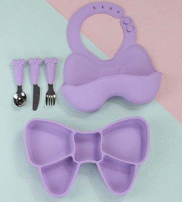 Bow Knot Baby Feeding Suction Plate Cute Bib And Cartoon Spoon Fork Dish Sets