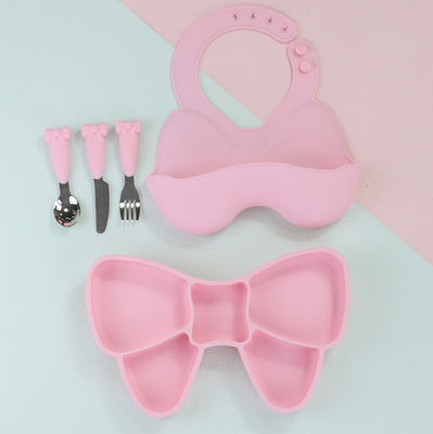 Bow Knot Baby Feeding Suction Plate Cute Bib And Cartoon Spoon Fork Dish Sets