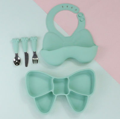 Bow Knot Baby Feeding Suction Plate Cute Bib And Cartoon Spoon Fork Dish Sets