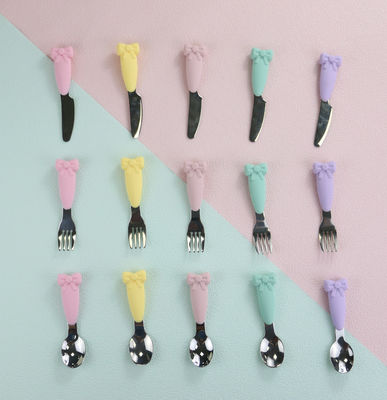 Bow Know Acier Inoxydable Bébé Cuillère Silicone Poignée Fourchette Couteau Ensemble D'alimentation