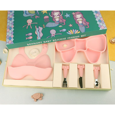 L'enfant en bas âge sûr coloré multi de micro-onde de silicone plaque avec l'ensemble de alimentation de fille de noeud d'arc