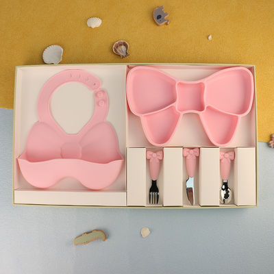 L'enfant en bas âge sûr coloré multi de micro-onde de silicone plaque avec l'ensemble de alimentation de fille de noeud d'arc