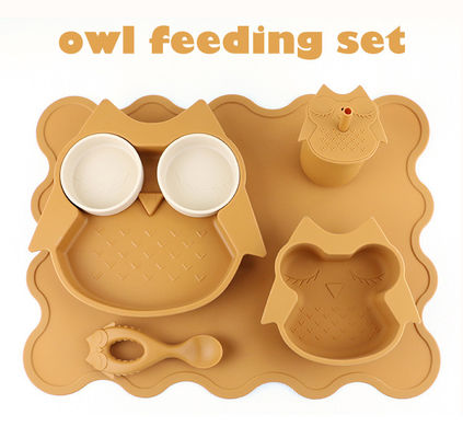 La vaisselle durablement molle de silicone a placé le bavoir de tasse d'Owl Plate Bowl Spoon Sippy