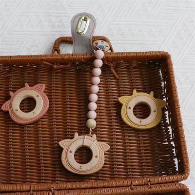 Détecteur de dents de bébé en silicone multifonctionnel avec anneau en bois à motifs animaux